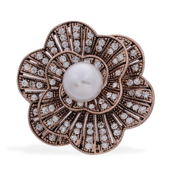 White Glass Pearl and White Austrian Crystal Floral Brooch with Simulated Stone in Rose Gold Tone
