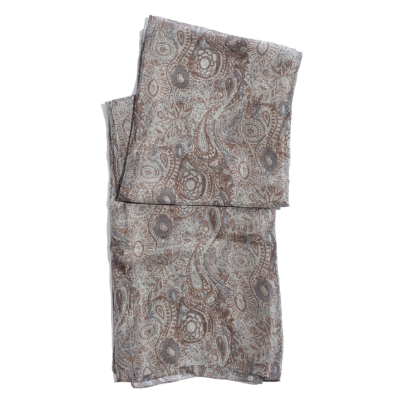 100% Mulberry Silk Cream, Grey and Chocolate Colour Abstract Pattern Scarf (180x100 Cm)