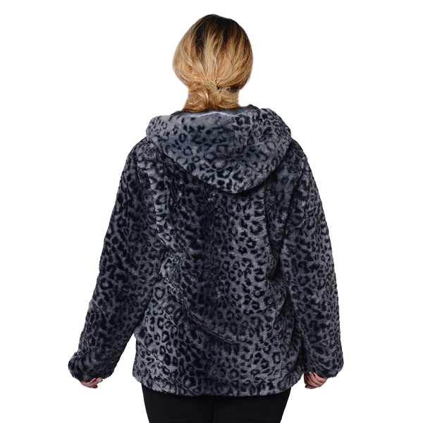 Super Soft Faux Fur Leopard Pattern Coat in Grey (Size L)