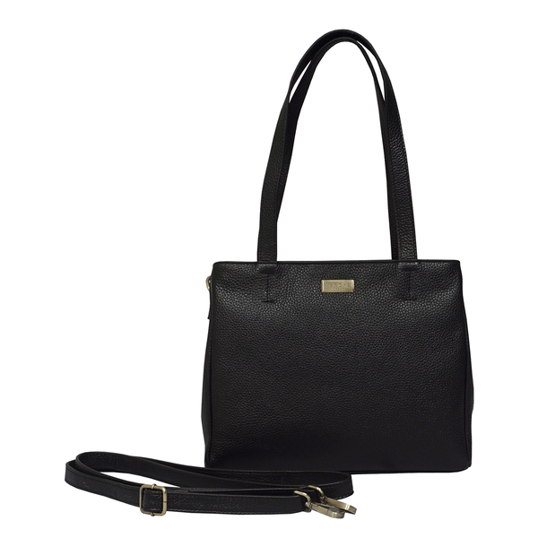 ASSOTS LONDON Debra Genuine Pebble Grain Leather Double Compartment Shoulder Handbag (Size 27x22x7Cm) - Black