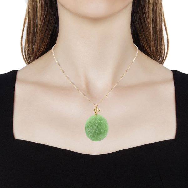 Carved Green Jade and Chrome Diopside Pendant with Chain (Size 18) in Yellow Gold Overlay Sterling Silver 67.560 Ct.