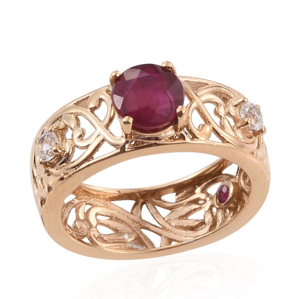 Royal Jaipur African Ruby (Rnd 1.75 Ct), Ruby and White Topaz Ring in 14K Gold Overlay Sterling Silv