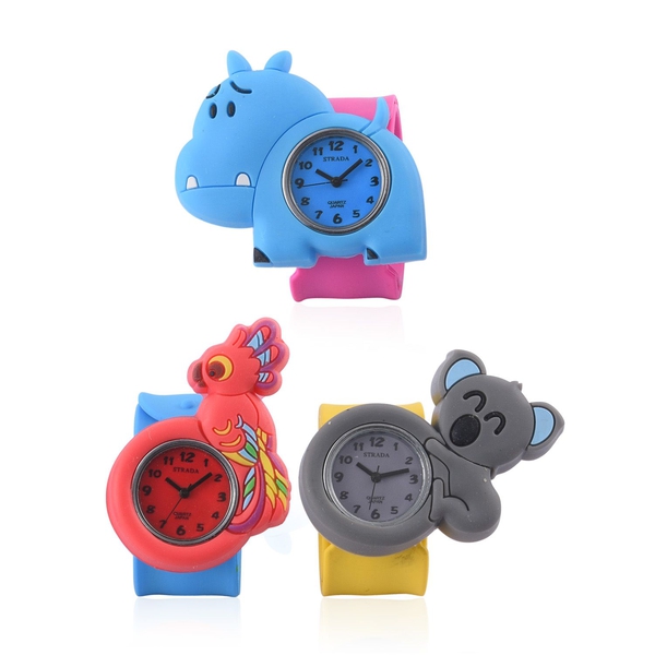 Set of 3 - STRADA Japanese Movement Water Resistant Peacock, Koala and Hippopotamus Watch with Blue,