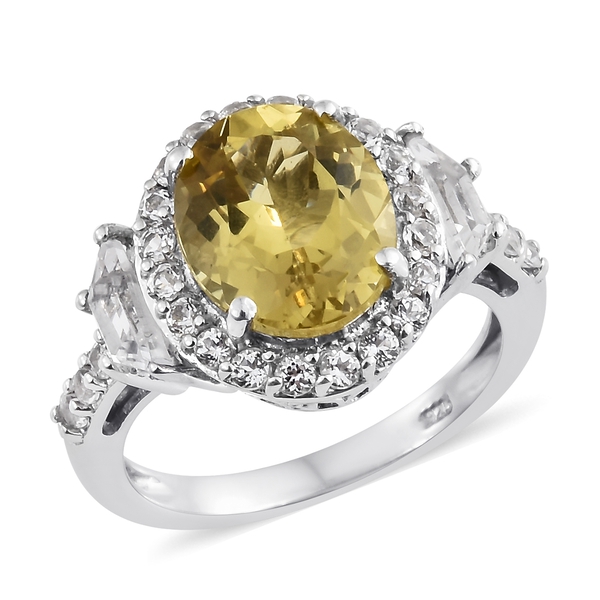5.50 Ct Madagascar Yellow Apatite and White Topaz Halo Ring in Platinum Plated Silver