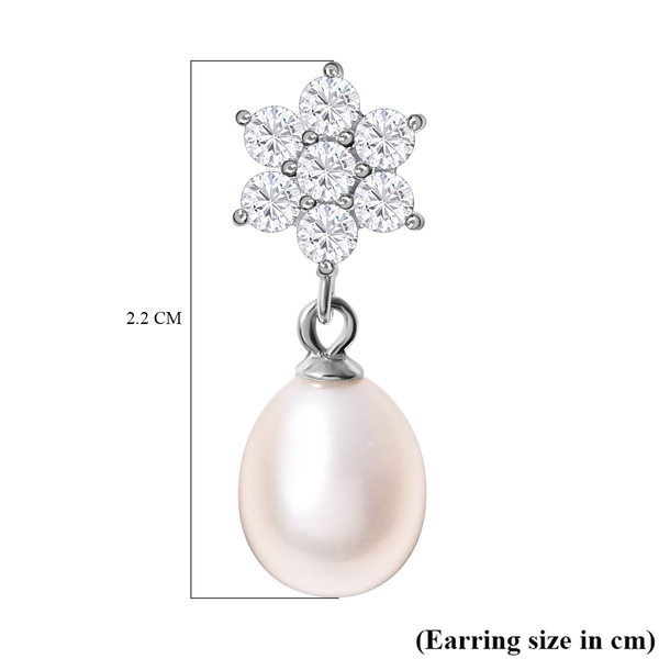 Freshwater White Pearl and Simulated Diamond Floral Drop Earrings (with Push Back) in Rhodium Overlay Sterling Silver