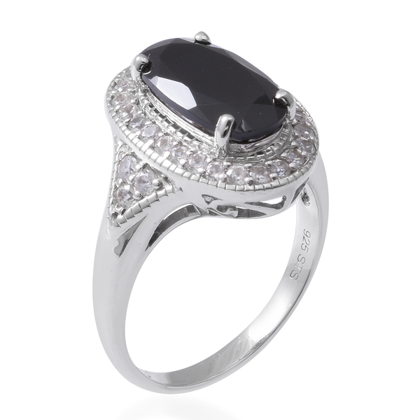 Boi Ploi Black Spinel (Ovl 4.85 Ct),Natural Cambodian White Zircon Ring in Sterling Silver 6.020 Ct, Silver wt 5.33 Gms.