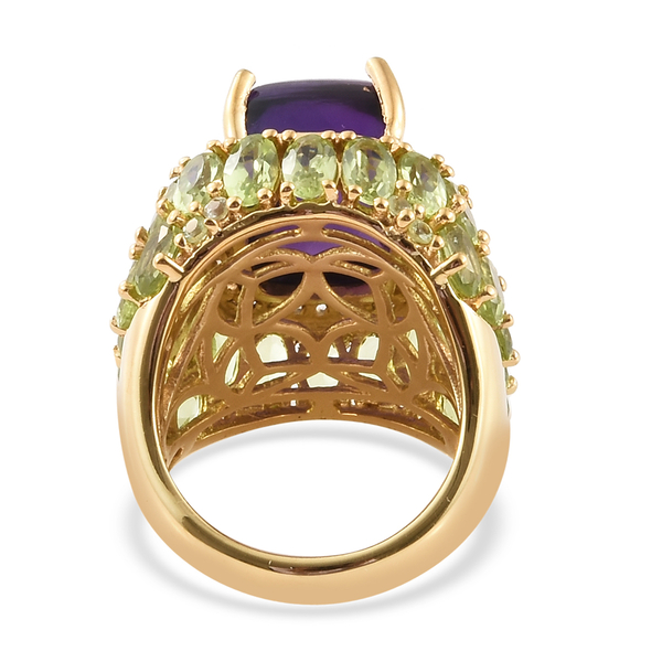 GP Zambian Amethyst (Cush 14x10 mm), Hebei Peridot and Multi Gemstone Ring in 14K Gold Overlay Sterling Silver 17.75 Ct, Silver Wt 8.31 Gms