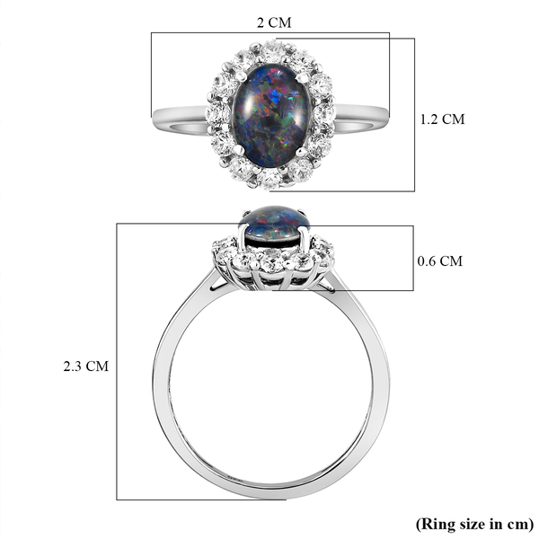 Australian Boulder Opal Triplet and Natural Cambodian Zircon Ring in Platinum Overlay Sterling Silver