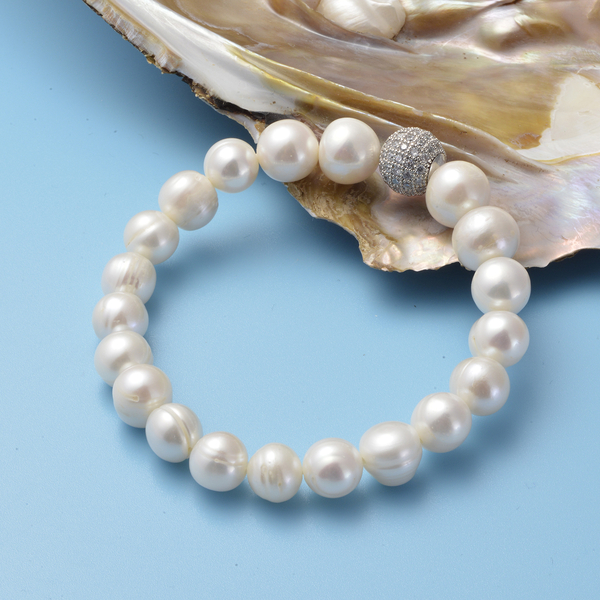 White Shell Pearl and Simulated Diamond Stretchable Bracelet (Size 7) in Silver Tone