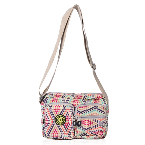Designer Inspired Beige and Multi Colour Diamond Pattern Handbag with External Zipper Pocket and Adj