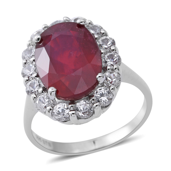 11.72 Ct African Ruby and Zircon Halo Ring in Rhodium Plated Silver 5.52 Grams