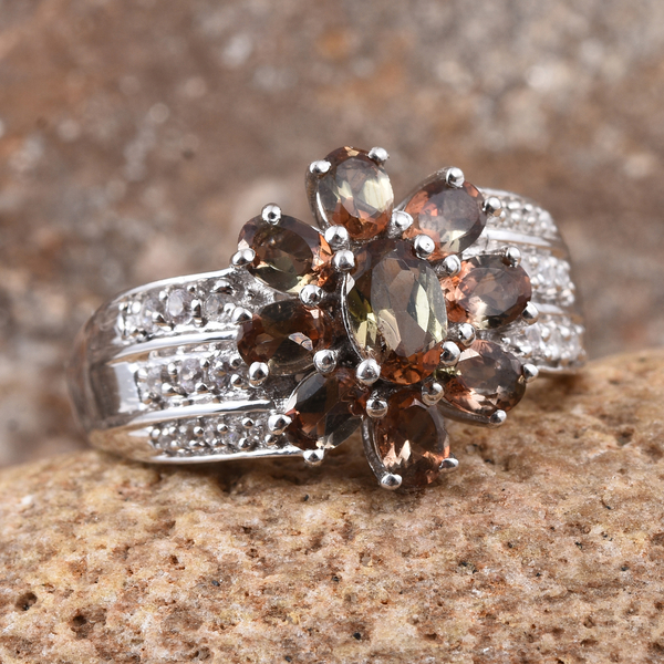 Jenipapo Andalusite (Ovl), Natural Cambodian Zircon Floral Ring in Platinum Overlay Sterling Silver 2.000 Ct.