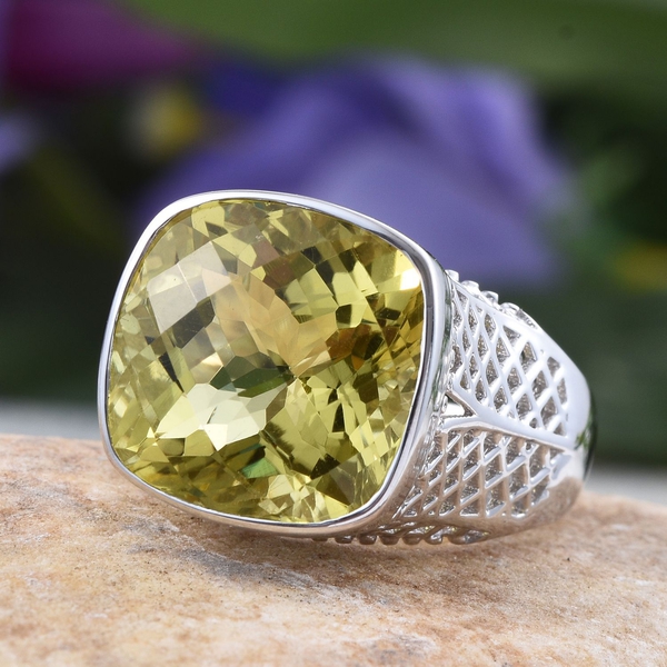 Checkerboard Cut Natural Ouro Verde Quartz (Cush) Ring in Platinum Overlay Sterling Silver 11.000 Ct.