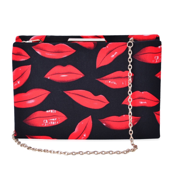 (Option 1) Red Colour Lips Pattern Black Colour Clutch Bag with Removable Chain Strap (Size 20x14x4 