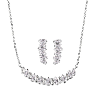2 Piece Set - Simulated Diamond Floral Necklace (Size 18.5 With Extender) and Stud Earrings in Silve