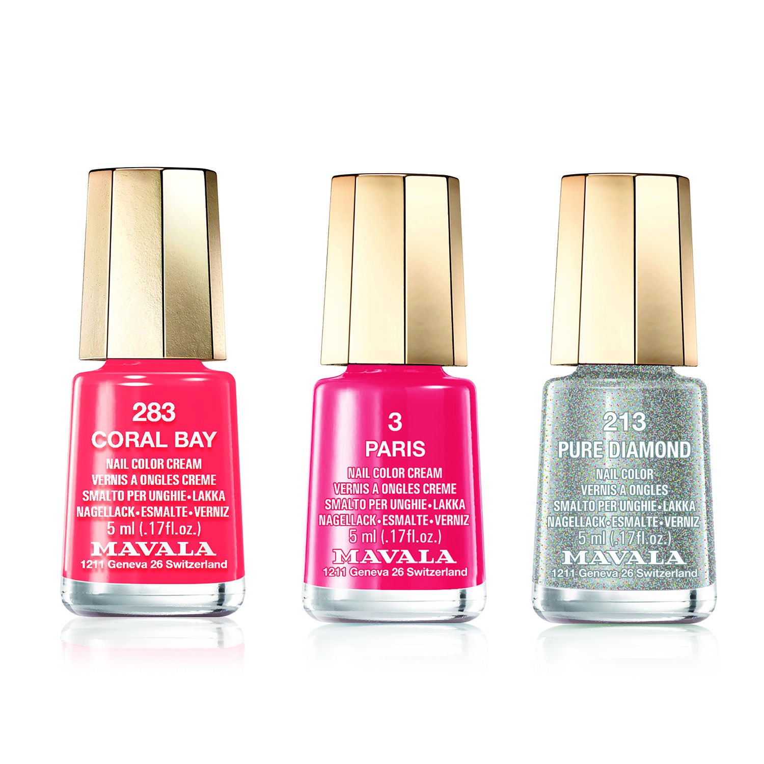 MAVALA- Mavala Trio- Classic Summer and Sparkle:-Coral Bay 283, PureDiamond 213 and Paris 3- Estimat