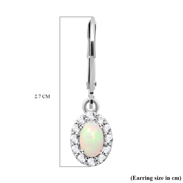Ethiopian Welo Opal and Natural Cambodian Zircon Dangling Earrings (with Lever Back) in Rhodium Overlay Sterling Silver 1.54 Ct.