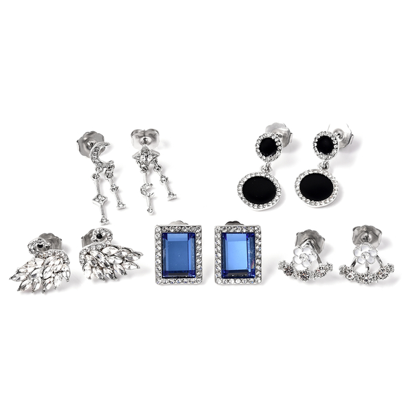 Set of 5 - White and Black Austrian Crystal, Simulated Diamond, Simulated Blue Topaz Enamelled Earri