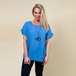 TAMSY High Low Scoop Neck Linen Top With 30 Inch Necklace (Size 8-16 ) - Denim Blue
