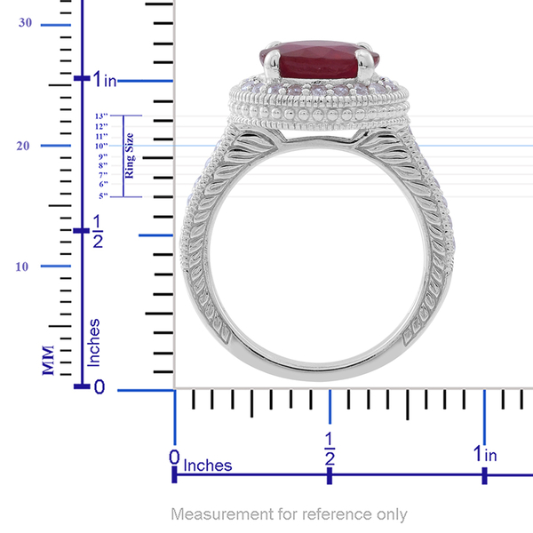African Ruby (Rnd 5.39 Ct), Kanchanaburi Blue Sapphire, Ruby and Natural White Cambodian Zircon Ring in Rhodium Plated Sterling Silver 7.500 Ct. Silver wt 10.50 Gms.
