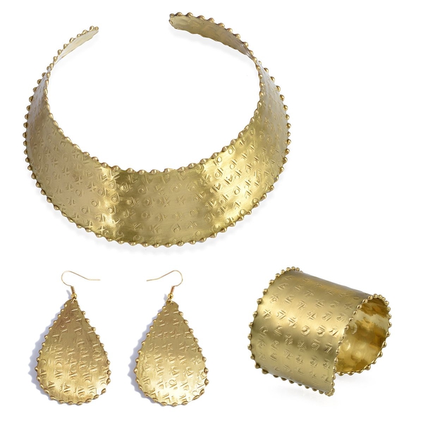 Jewels of India Embossed Choker, Hook Earrings and Cuff Bangle