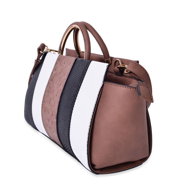 Camel, Black and White Colour Stripes Pattern Tote Bag with External Zipper Pocket and Adjustable and Removable Shoulder Strap (Size 32X19X12 Cm)