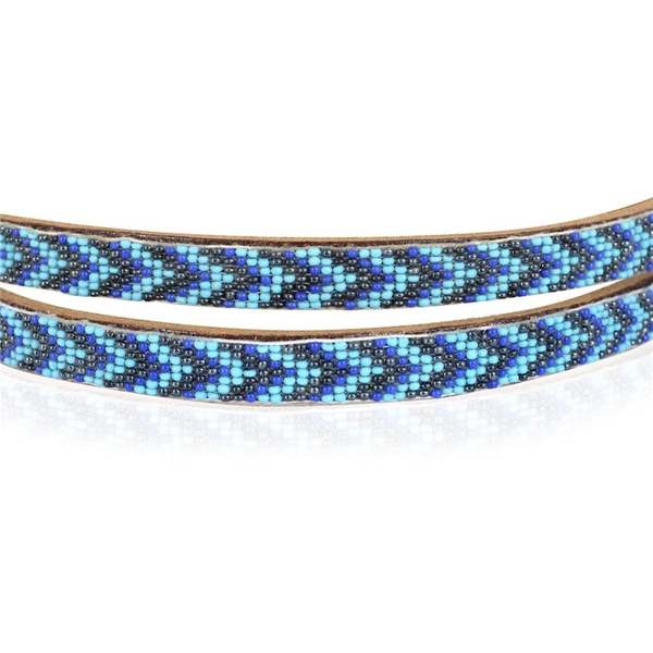 Genuine Leather Handmade Navy Blue, Turquoise and Black Colour Seed Beaded Belt (Size 110x1.25 Cm)