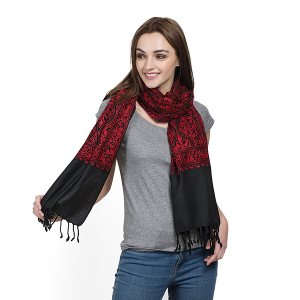 Designer Inspired 100% Merino Wool Red Colour Floral Embroidered Black Colour Scarf with Fringes (Si