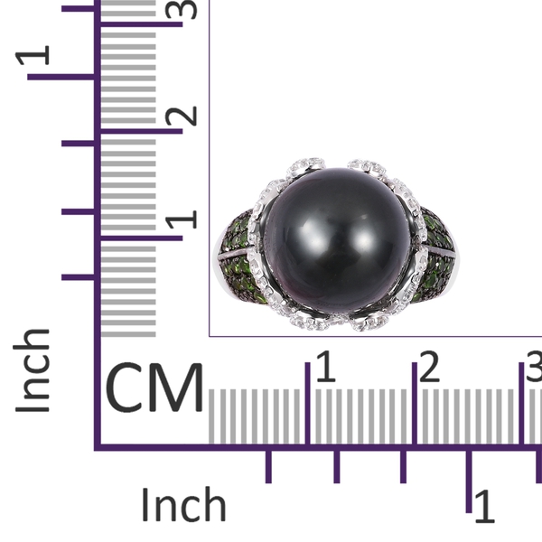 Collectors Edition- Tahitian Pearl (Rnd 11-12mm), Chrome Diopside and Natural White Cambodian Zircon Ring in Rhodium and Black Plating Sterling Silver (Gemstone Ct Wt 1.50 Carats)