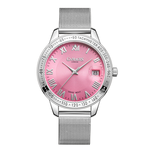 GAMAGES OF LONDON Swiss Quartz Movement Ladies Refined Timer Pink Dial Diamond Studded Water Resista