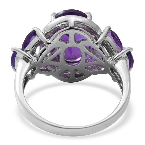 Lusaka Amethyst (Ovl 5.43 Ct), Natural White Cambodian Zircon Ring in Rhodium Plated Sterling Silver 7.330 Ct. Silver wt 5.82 Gms.