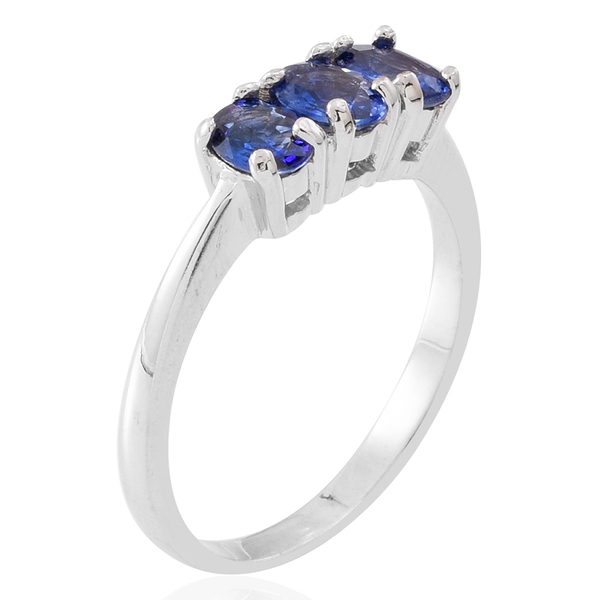 AA Ceylon Sapphire (Ovl) Trilogy Ring in Rhodium Plated Sterling Silver 1.500 Ct.
