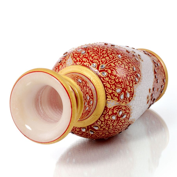 Home Decor - Hand Crafted Crystal Studded and Red Enamelled Marble Vase (Size 6)