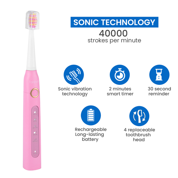 Sonic Electric Toothbrush with 4 Interchangeable Heads and USB Charging Cable (Size 23x3 Cm) - Pink