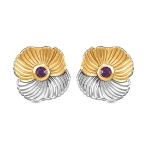 Amethyst Floral Stud Earrings (with Push Back) in Platinum and Gold Overlay Sterling Silver
