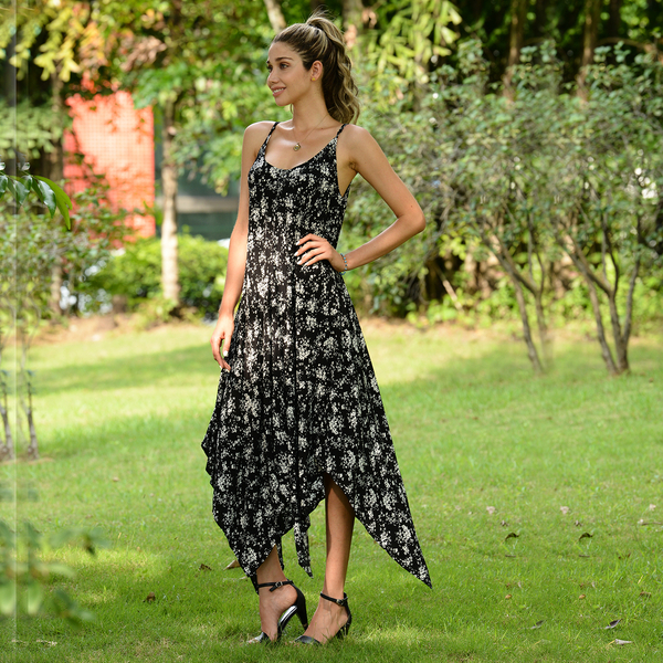 LA MAREY 100% Viscose Floral Pattern Slip Dress (Size:S,72x50Cm) - Black and White