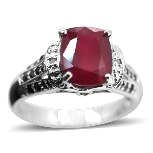 African Ruby (Cush 4.25 Ct), Ruby and Diamond Ring in Rhodium Plated Sterling Silver 5.010 Ct.