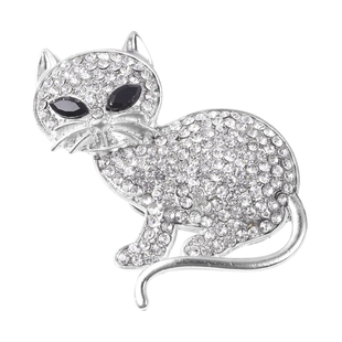 White Austrian Crystal and Simulated Spinel Cat Brooch in Silver Tone