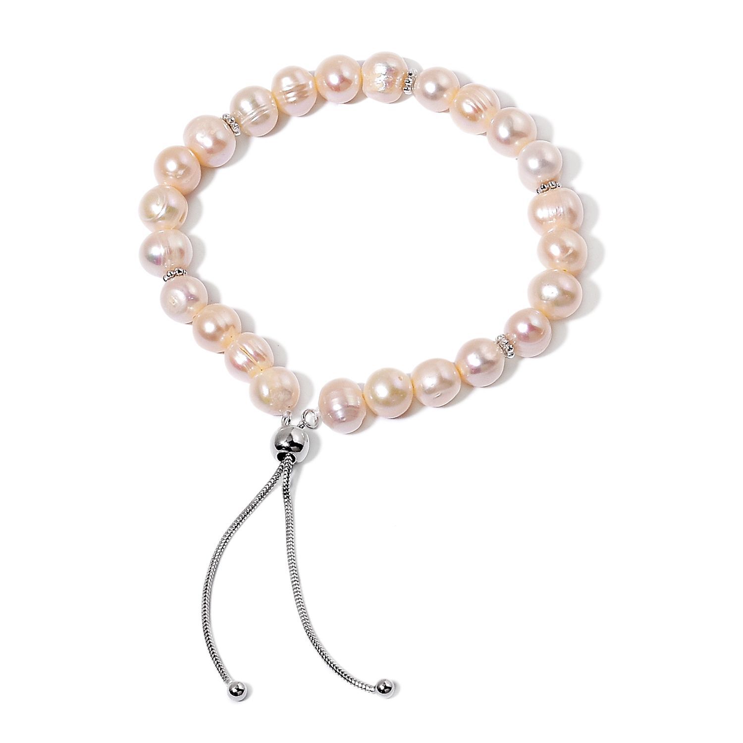 Fresh Water White Pearl Bracelet (Size 5-10 Adjustable) in Rhodium Plated Sterling Silver 75.00 Ct.