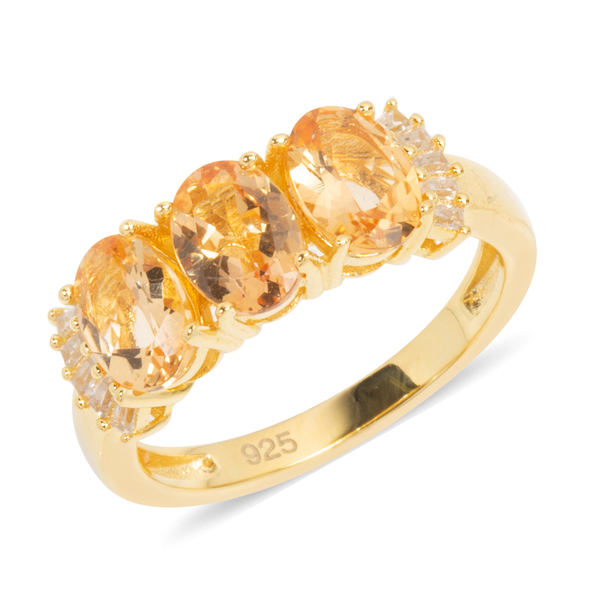 Extremely Rare-Imperial Topaz (Ovl), Natural Cambodian White Zircon Trilogy Ring in Gold Overlay Ste