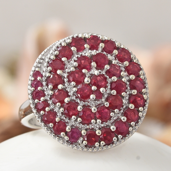 African Ruby (Rnd) Swirl Ring in Platinum Overlay Sterling Silver 4.000 Ct. Silver wt 8.61 Gms.