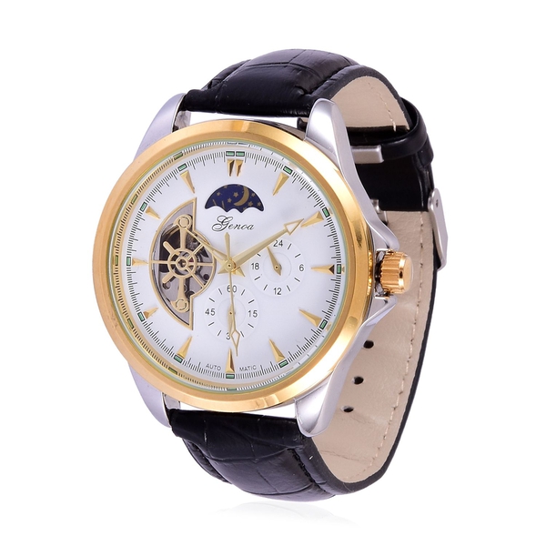 GENOA Automatic Skeleton White and Golden Dial Water Resistant Watch in Gold Tone with Stainless Ste