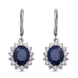 Blue Sapphire and Natural Cambodian Zircon Lever Back Earrings in Rhodium Overlay Sterling Silver 8.