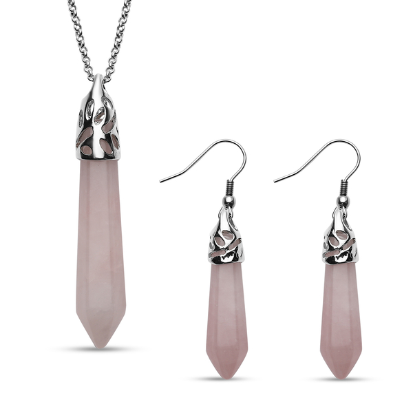 2 Piece Set - Rose Quartz Pendant with Chain (Size 20 with 2 inch Extender) and Earrings With Hook i