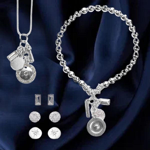 5 Piece Set - White Austrian Crystal and Simulated Diamond Stud Earrings (3 Pcs), Stretchable Bracel