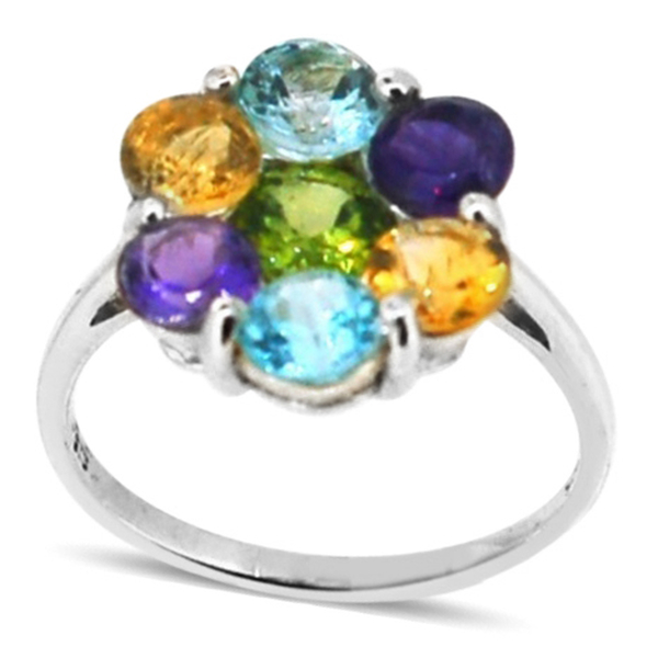 Hebei Peridot (Rnd 0.95 Ct), Sky Blue Topaz, Citrine and Amethyst Floral Ring in Sterling Silver 3.5