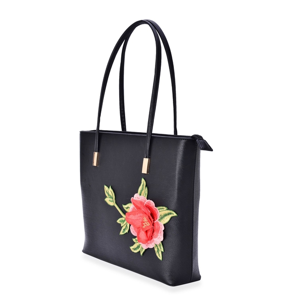 3D Floral Pattern Black Colour Tote Bag (Size 38x28x8 Cm)