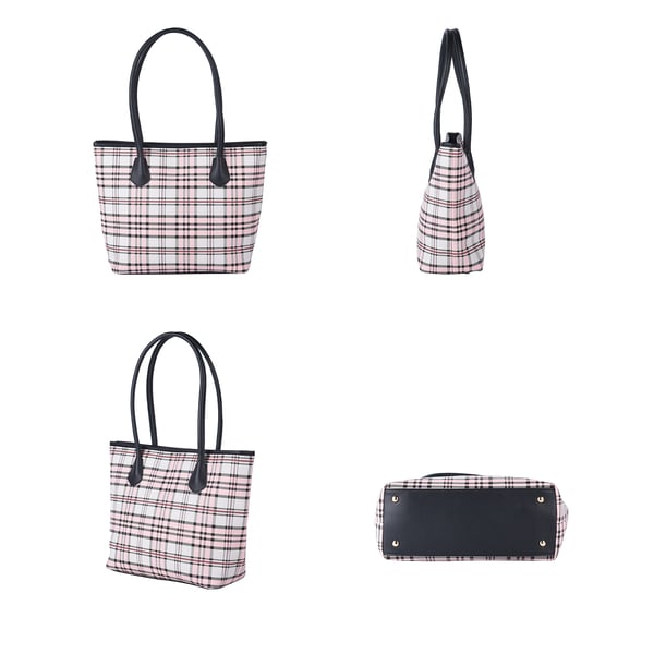 Closeout Deal Plaid Pattern Tote Bag with Shouder Strap (Size 30x29x12 Cm) - Pink & White
