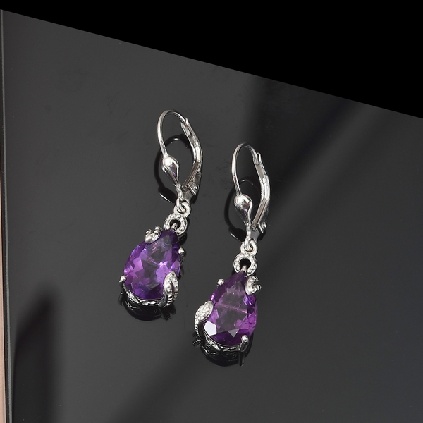AA Amethyst (Pear) Drop Lever Back Earrings in Platinum Overlay Sterling Silver 5.09 Ct.