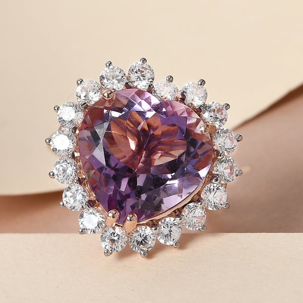 Rose De France Amethyst and Natural Cambodian Zircon Ring 14.12 cts in Rose Gold Overlay Sterling Silver.